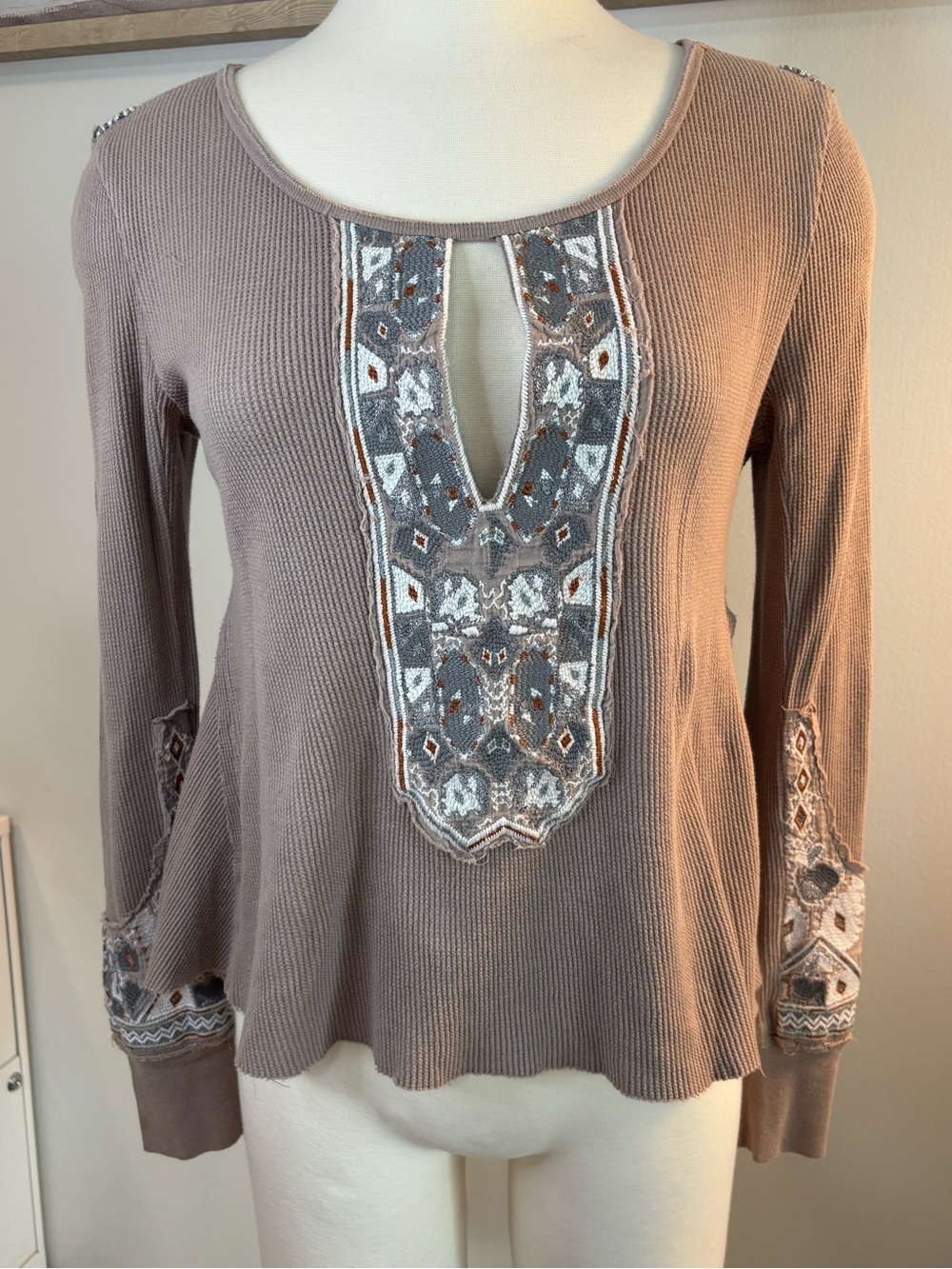Free People Taupe Embroidered Long-Sleeve Tee